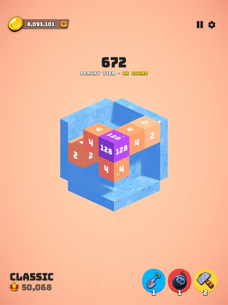 3D48 on iPad — merging 128 blocks inside the icy wall skin