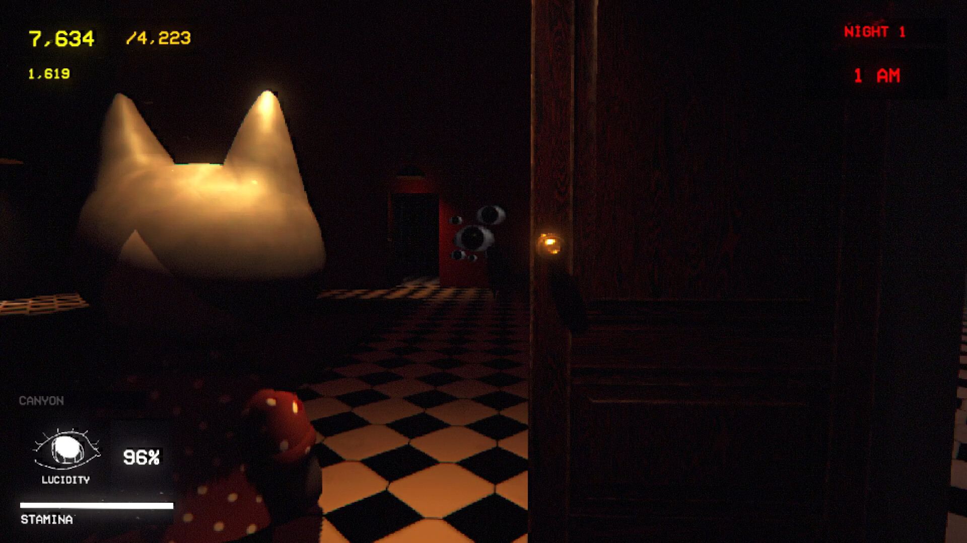 Lucid Cats screenshot: an enormous pale cat shape filling the dark room above a checkerboard floor, lucidity at 96%