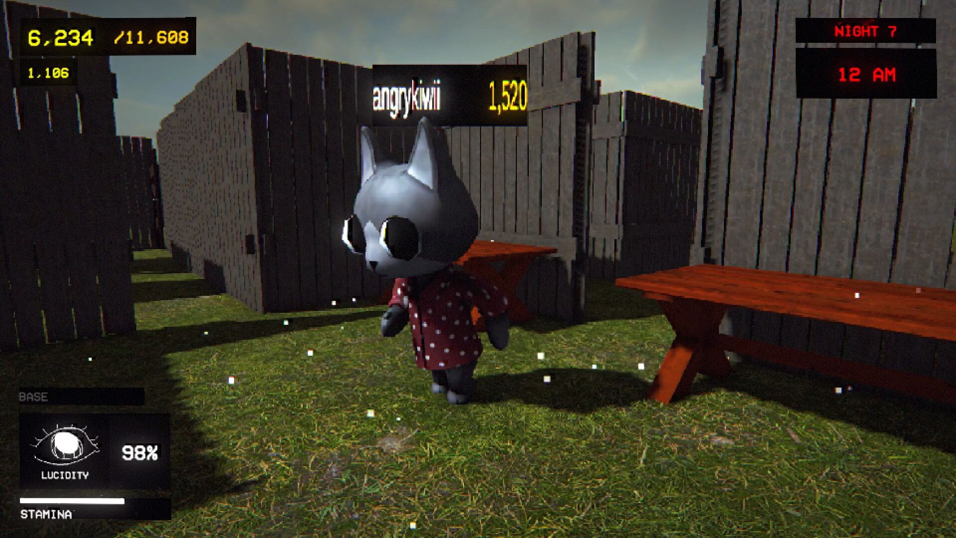 Lucid Cats screenshot: a player in a red polka-dot dress running through the fenced back yards on night seven