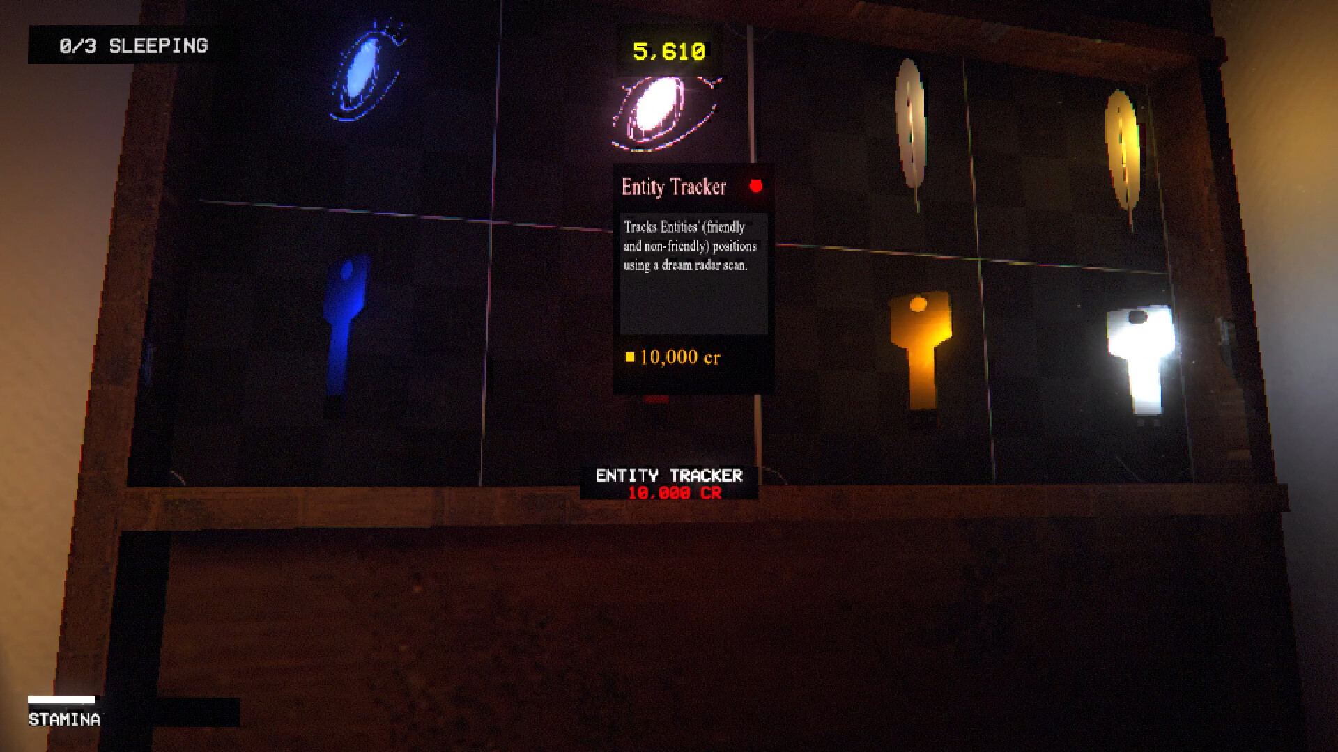 Lucid Cats screenshot: the laptop upgrade shelf with the Entity Tracker selected at 10,000 credits