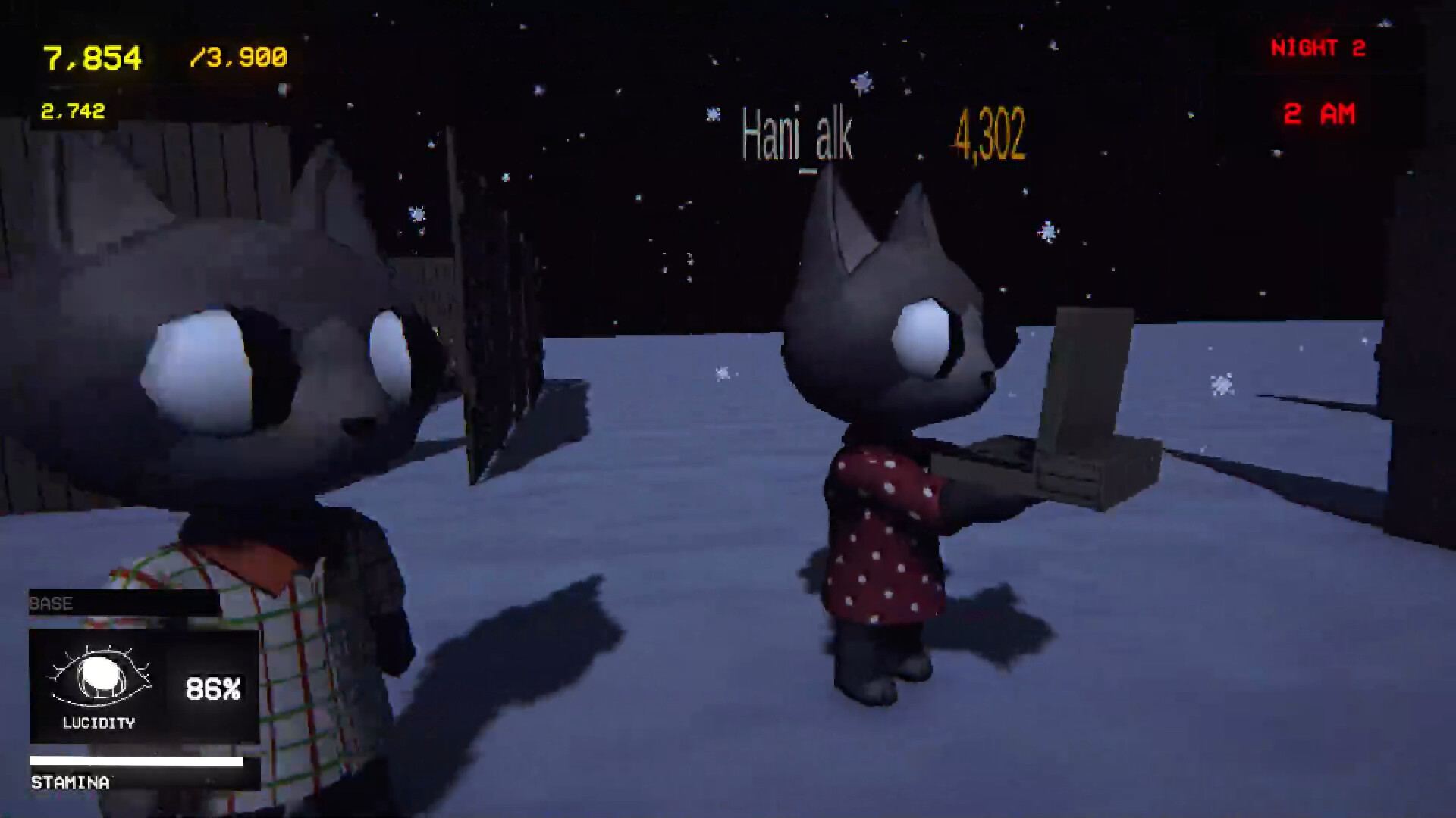 Lucid Cats screenshot: two players meeting on a snowy street at night, one holding an open laptop