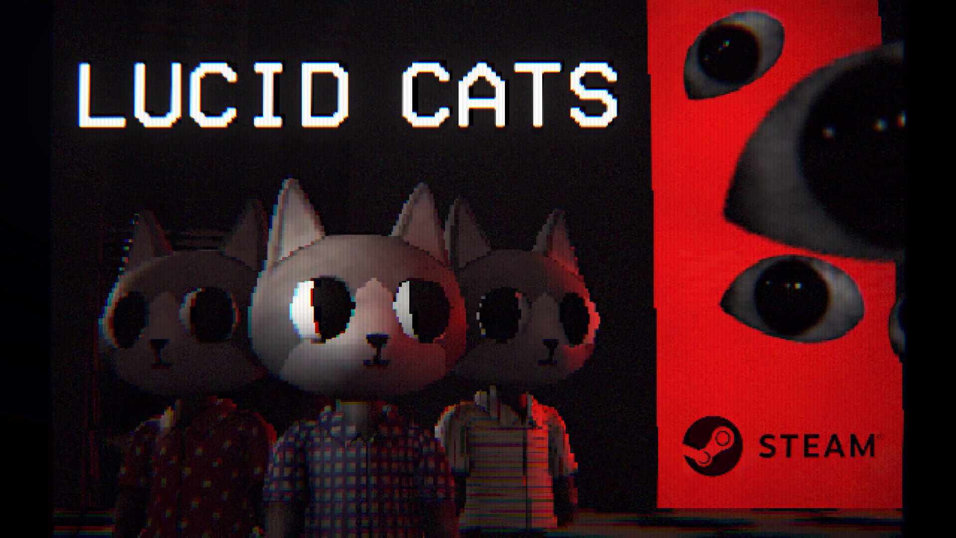 Lucid Cats key art — three figures in cat masks beside a red Steam banner